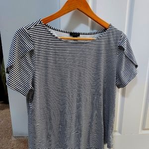 Ann Taylor Factory Size L Tulip Sleeved Blue and White Striped Shirt